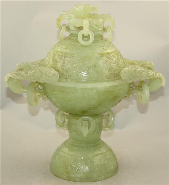 A large Chinese bowenite jade censer and cover, 20th century, 35cm